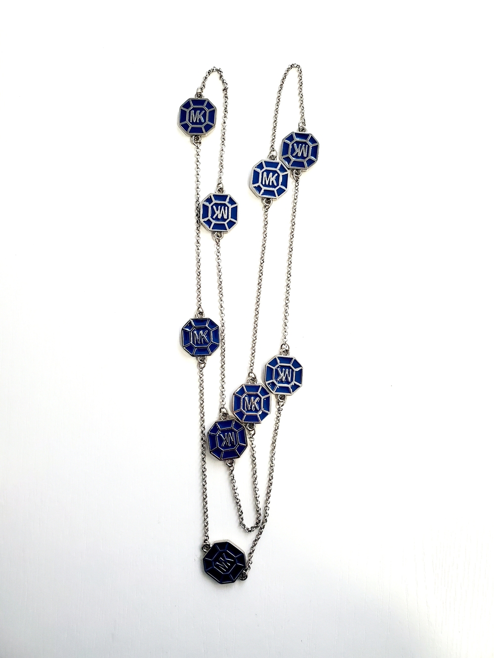 Michael Kors Silver-Tone Long Necklace with Navy Enamel Logo Stations